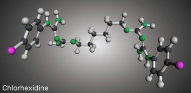 Klorhexidine dezenfektan ve antiseptik ilaç molekülü. Moleküler model. 3 boyutlu görüntüleme. Görüntü