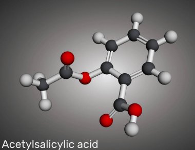 Asetilsaliklik asit, aspirin, ASA molekülü. Salisilat, ağrı kesici ve ateş düşürücü bir ilaç. Moleküler model. 3 boyutlu görüntüleme. Görüntü 