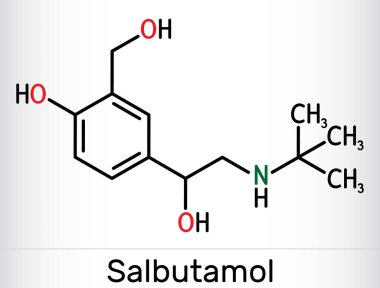 Salbutamol, albuterol molekülü. Astım ve KOAH tedavisinde kullanılan kısa süreli agonist. İskelet kimyasal formülü. Vektör illüstrasyonu