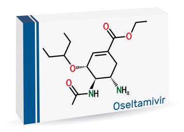 Oseltamivir antiviral drug molecule. Skeletal chemical formula. Paper packaging for drugs. Vector illustration clipart