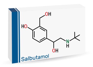 Salbutamol, albuterol molekülü. Astım ve KOAH tedavisinde kullanılan kısa süreli agonist. İskelet kimyasal formülü. Uyuşturucu için kağıt ambalaj. Vektör illüstrasyonu