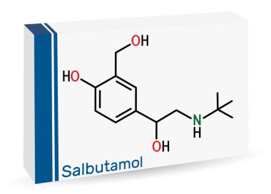 Salbutamol, albuterol  molecule. It is short-acting agonist used in the treatment of asthma and COPD. Skeletal chemical formula. Paper packaging for drugs. Vector illustration clipart