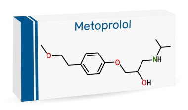 Metoprolol ilaç molekülü. Hipertansiyon ve anjina pektoris tedavisinde kullanılır. İskelet kimyasal formülü. Uyuşturucu için kağıt ambalaj. Vektör illüstrasyonu