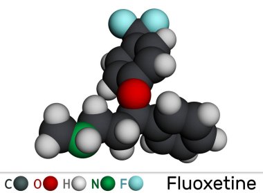Fluoxetine molekülü, seçici serotonin geri alma inhibitörü SSRI 'ın antidepresanıdır. Moleküler model. 3 boyutlu görüntüleme. Görüntü