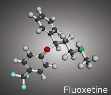 Fluoxetine molekülü, seçici serotonin geri alma inhibitörü SSRI 'ın antidepresanıdır. Moleküler model. 3 boyutlu görüntüleme. Görüntü