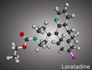 Loratadine ilaç molekülü. Antihistamin, alerji tedavisinde kullanılır. Moleküler model. 3 boyutlu görüntüleme. Görüntü