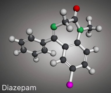 Diazepam ilaç molekülü. Panik bozukluklarını tedavi etmek için kullanılan uzun süreli bir benzodiazepin. Moleküler model. 3 boyutlu görüntüleme. Görüntü