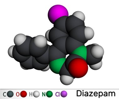 Diazepam ilaç molekülü. Panik bozukluklarını tedavi etmek için kullanılan uzun süreli bir benzodiazepin. Moleküler model. 3 boyutlu görüntüleme. Görüntü