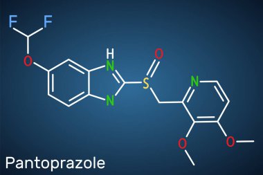 Pantoprazol molekülü. Proton pompası inhibitörü, mide ülseri ilacı. Koyu mavi arkaplanda yapısal kimyasal formül. Vektör illüstrasyonu