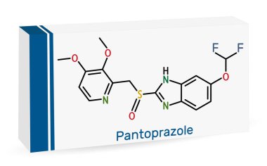 Pantoprazol molekülü. Proton pompası inhibitörü, mide ülseri ilacı. İskelet kimyasal formülü. Uyuşturucu için kağıt ambalaj. Vektör illüstrasyonu
