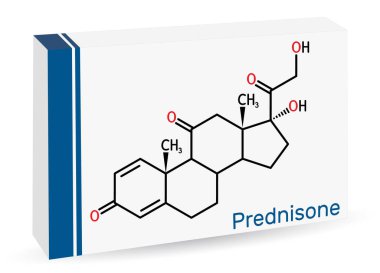 Prednisone molekülü. Kortizondan türetilmiş sentetik anti-enflamatuar glukokortikoid. İskelet kimyasal formülü. Uyuşturucu için kağıt ambalaj. Vektör illüstrasyonu 