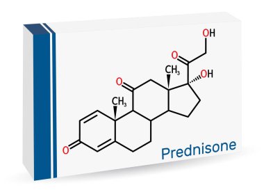 Prednisone molecule. Synthetic anti-inflammatory glucocorticoid derived from cortisone. Skeletal chemical formula. Paper packaging for drugs. Vector illustration  clipart