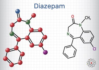 Diazepam ilaç molekülü. Panik bozukluklarını tedavi etmek için kullanılan uzun süreli bir benzodiazepin. Yapısal kimyasal formül, molekül modeli. Kafesteki bir kağıt parçası. Vektör illüstrasyonu