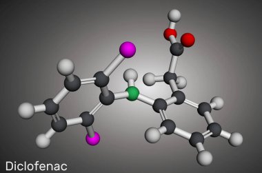 Diclofenac molekülü, steroid içermeyen, iltihaplı bir NSAID ilacıdır. Moleküler model. 3 boyutlu görüntüleme. Görüntü