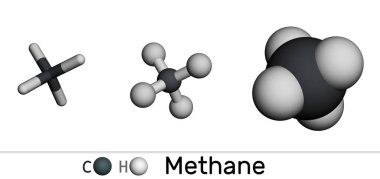 Metan CH4 molekülü. Beyaz arka planda çeşitli 3 boyutlu moleküler modeller. 3 boyutlu görüntüleme. Görüntü 