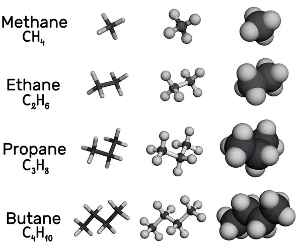 Metan Etan Propan Butan Alkanmolekylen Olika Molekylära Modeller Vit Bakgrund — Stockfoto