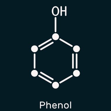 Fenol, karbolik asit molekülü. Koyu mavi arka planda iskelet kimyasal formül. Görüntü