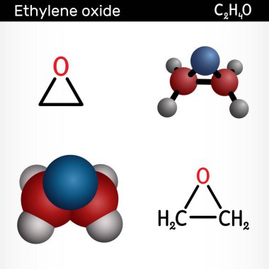 Ethylene oxide, oxirane C2H4O molecule. Structural chemical formula and molecule model. Vector illustration clipart