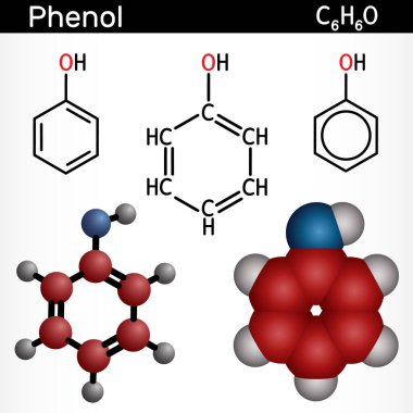 Fenol, karbolik asit molekülü. Yapısal kimyasal formül, molekül modeli. Vektör illüstrasyonu