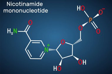 Nikotin mononükleotid, NMN molekülü. Doğal olarak yaşlanmayı önleyen metabolit, NAD + 'nın öncüsü. Koyu mavi arkaplanda yapısal kimyasal formül. Vektör illüstrasyonu