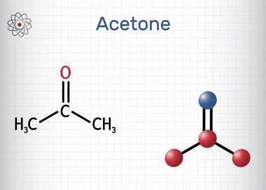 Acetone ketone molecule. It is organic solvent. Structural chemical formula and molecule model. Sheet of paper in a cage. Vector illustration clipart