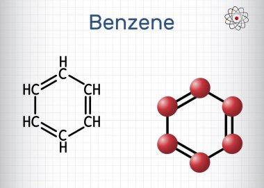 Benzen, benzol C6H6 molekülü. Yapısal kimyasal formül ve molekül modeli. Kafesteki bir kağıt parçası. Vektör illüstrasyonu