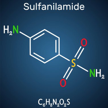 Sulfanilamide, sulphanilamide molecule. It is antibacterial drug.  Structural chemical formula on the dark blue background. Vector illustration clipart