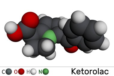 Ketorolak molekülü. Steroid içermeyen, iltihap önleyici bir ilaç, NSAID. Moleküler model. 3 boyutlu görüntüleme. Görüntü