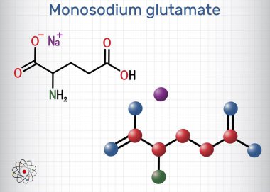 Monosodyum glutamat, MSG, sodyum glutamat molekülü. Lezzet arttırıcı E621. Kafesteki bir kağıt parçası. Vektör illüstrasyonu