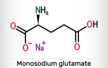 Monosodyum glutamat, MSG, sodyum glutamat molekülü. Lezzet arttırıcı E621. İskelet kimyasal formülü. Vektör illüstrasyonu