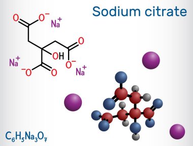 Sodyum sitrat, trisodyum sitrat molekülü. Besin katkı maddesi, pıhtılaşma önleyici. Yapısal kimyasal formül, molekül modeli