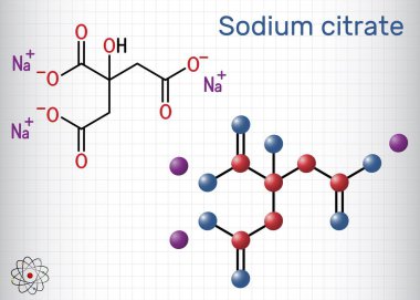 Sodyum sitrat, trisodyum sitrat molekülü. Besin katkı maddesi, pıhtılaşma önleyici. Kafesteki bir kağıt parçası. Vektör illüstrasyonu