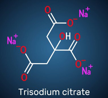 Sodyum sitrat, trisodyum sitrat molekülü. Besin katkı maddesi, pıhtılaşma önleyici. Yapısal formül, koyu mavi arkaplan. Vektör illüstrasyonu
