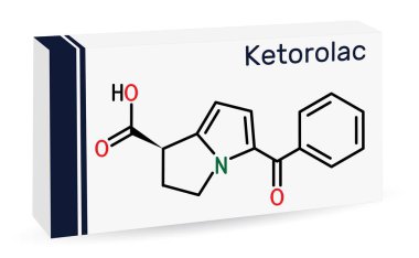 Ketorolak molekülü. Steroid içermeyen, iltihap önleyici bir ilaç, NSAID. İskelet kimyasal formülü. Uyuşturucu için kağıt ambalaj. Vektör illüstrasyonu