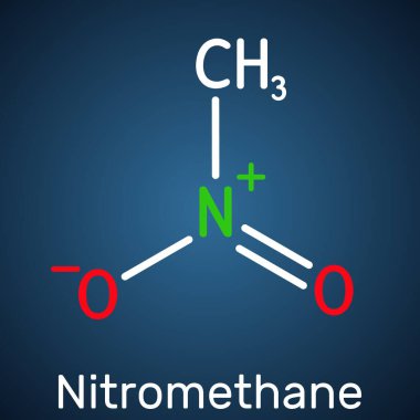 Nitrometan molekülü. Yapısal kimyasal formül, koyu mavi arkaplan. Vektör illüstrasyonu