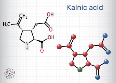 Kainik asit ya da kainat molekülü. Kafesteki bir kağıt parçası. Yapısal kimyasal formül, molekül modeli. Vektör illüstrasyonu