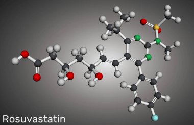 Rosuvastatin molekülü. Statin, lipid düşürücü ilaç. Moleküler model. 3 boyutlu görüntüleme. Görüntü
