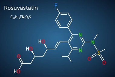 Rosuvastatin molekülü. Statin, lipid düşürücü ilaç. Yapısal kimyasal formül, koyu mavi arkaplan. Vektör illüstrasyonu