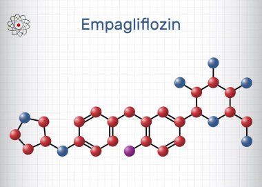 Empagliflozin molekülü. Antidiyabetik ilaç, SGLT2 inhibitörü. Kafesteki bir kağıt parçası. Vektör illüstrasyonu