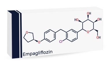 Empagliflozin molekülü. Antidiyabetik ilaç, SGLT2 inhibitörü. İskelet kimyasal formülü. Uyuşturucu için kağıt ambalaj. Vektör illüstrasyonu