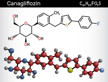 Canagliflozin molekülü. Antidiyabetik ilaç, SGLT2 inhibitörü. Yapısal kimyasal formül ve molekül modeli. Vektör illüstrasyonu