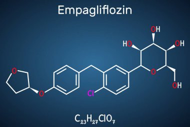 Empagliflozin molekülü. Antidiyabetik ilaç, SGLT2 inhibitörü. Yapısal kimyasal, koyu mavi arkaplan. Vektör illüstrasyonu