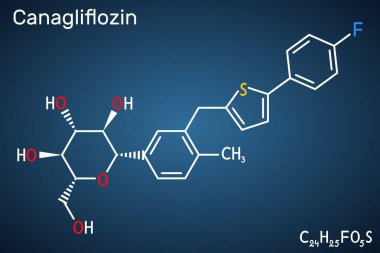 Canagliflozin molekülü. Antidiyabetik ilaç, SGLT2 inhibitörü. Yapısal kimyasal, koyu mavi arkaplan. Vektör illüstrasyonu