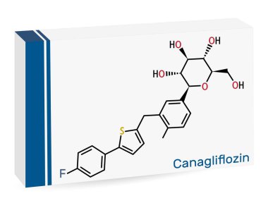Canagliflozin molekülü. Antidiyabetik ilaç, SGLT2 inhibitörü. İskelet kimyasal formülü. Uyuşturucu için kağıt ambalaj. Vektör illüstrasyonu