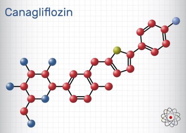 Canagliflozin molekülü. Antidiyabetik ilaç, SGLT2 inhibitörü. Kafesteki bir kağıt parçası. Vektör illüstrasyonu