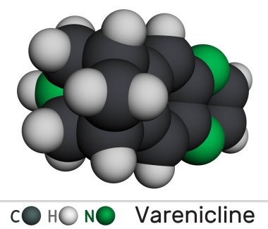 Varenicline molekülü, sigarayı bırakmak için kullanılan bir ilaç. Moleküler model. 3 boyutlu görüntüleme. Görüntü