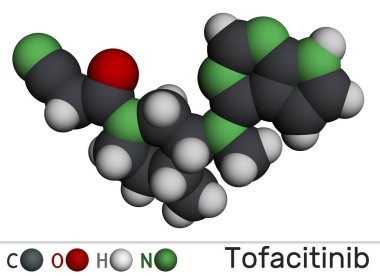 Tofacitinib ilaç molekülü. Romatizma artrit RA, sedef iltihabı PSA tedavisinde kullanılır. Moleküler model. 3 boyutlu görüntüleme. Görüntü