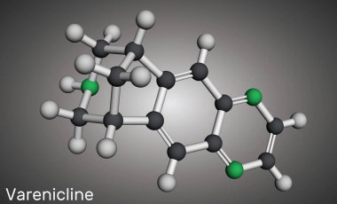 Varenicline molecule, a medication used for smoking cessation. Molecular model. 3D rendering. Illustration clipart