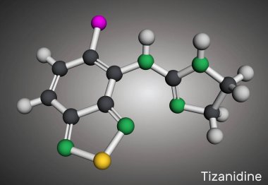 Tizanidine ilaç molekülü. Kas spazmının tedavisi için. Moleküler model. 3 boyutlu görüntüleme. Görüntü