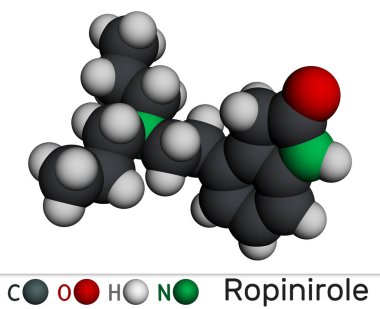 Ropinirole ilaç molekülü. Parkinson hastalığının belirtilerini tedavi etmek için kullanılır. Huzursuz Bacak Sendromu RLS. Moleküler model. 3 boyutlu görüntüleme. Görüntü
